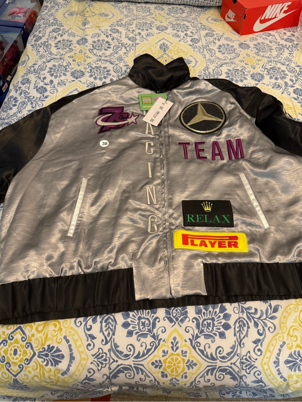 Triple 7 Black and Silver Satin-Lined Bomber Jacket